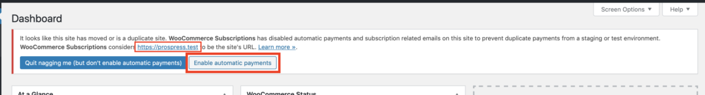 Screenshot illustrating the staging site notice from WooCommerce Subscriptions